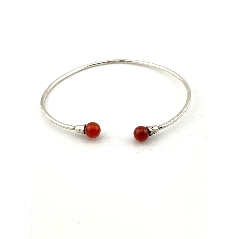 Vintage Sterling Silver Carnelian Ball Open Cuff Bracelet 925 Adjustable